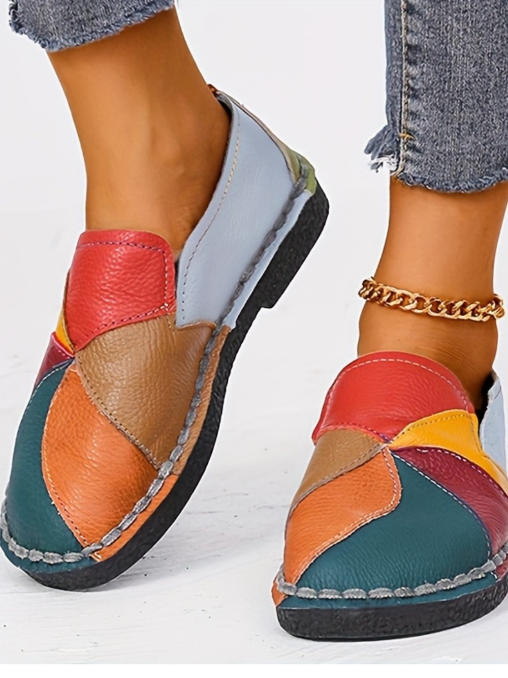Women’s Color Block Patch Work Round Toe Slip On Flat Ballet Boat Shoes Sz US 11